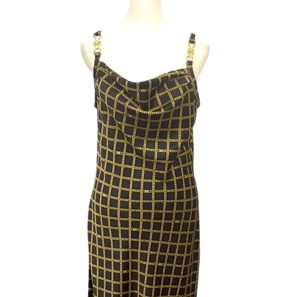 Michael Kors Sleek & Simple Midi Chainlink Gold Black Slip Dress Size: Medium